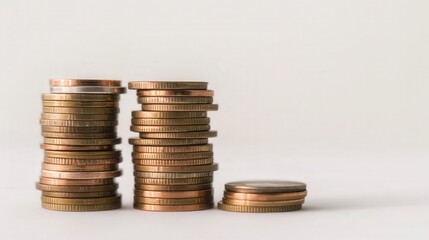 Stacked Coins for Financial Planning, a tidy arrangement of coins on a clean white surface, representing savings, budgeting, and future financial security