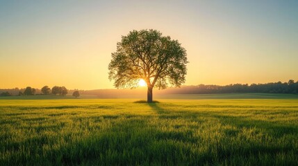 Fototapeta premium A peaceful green field with a tree in the middle, as the sun rises in the background, creating a serene, golden scene.