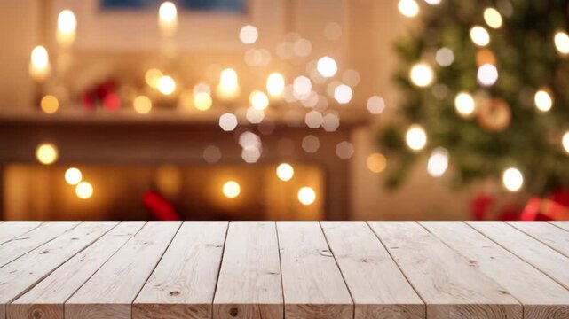 white The empty wooden table top with blur background of Christmas, sparkling pine tree