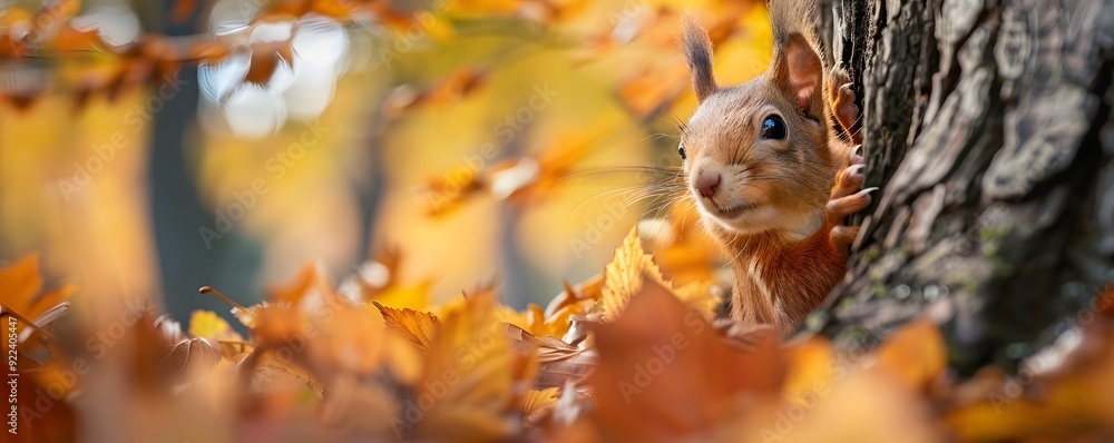Poster red squirrel peeking from behind tree trunk in autumn leaves