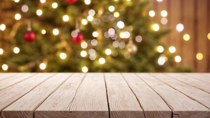 white The empty wooden table top with blur background of Christmas, sparkling pine tree