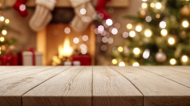 white The empty wooden table top with blur background of Christmas, sparkling pine tree