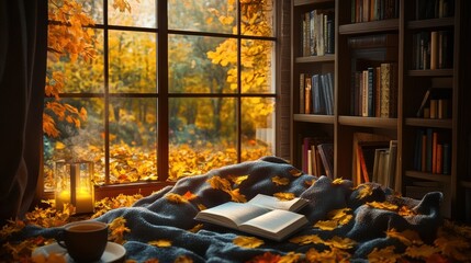 A book on a table next to some leaves and candles, AI
