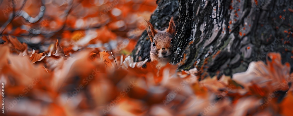 Poster a red squirrel peeking from behind a tree trunk in autumn