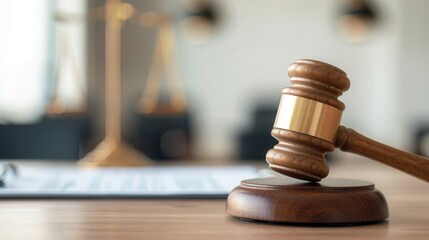 Gavel resting on a desk surrounded by blurred legal documents, symbolizing the essence of justice, law, and the legislative process in action.