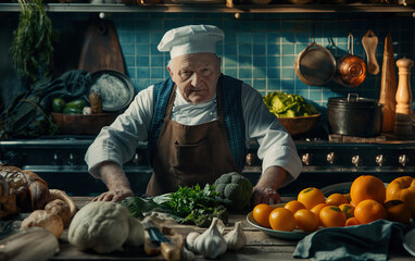 Fototapeta premium Professional Chef. Portrait male chef with cook hat, white uniform. Portrait of an old Italian or French chef, standing in the kitchen, restaurant, cooking class, cooking school. Realistic style photo