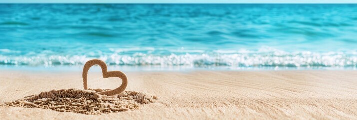 Heart drawing in beach sand, vibrant summer landscape, ideal for vacation themes, evokes warmth and love, perfect for travel promotions and web banners.