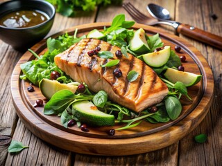 Fresh mixed greens topped with grilled salmon fillet, creamy avocado slices, and a drizzle of rich balsamic vinaigrette, served on a rustic wooden plate.