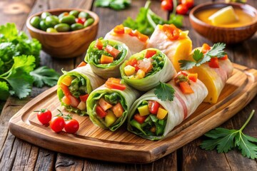 Vibrant spring rolls filled with grilled salmon, crispy veggies, and sweet mango salsa, served on a rustic wooden platter surrounded by fresh cilantro.