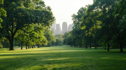 Obraz premium Urban Oasis, tranquil park surrounded by lush trees, soft morning light filtering through foliage, distant city skyline adds a serene contrast to nature's embrace