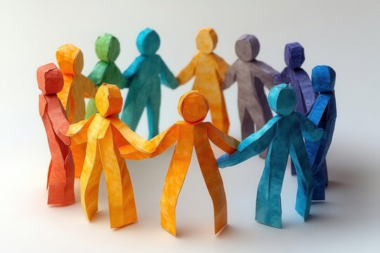 paper cutout figures holding hands in a circle diverse colors representing unity white background with soft shadows simplicity in design