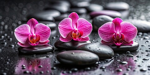 Close up of three pink orchids surrounded by black stones on a background, pink, orchids, black stones, close up, isolated