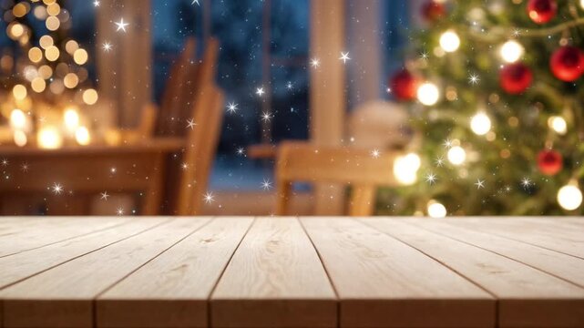 white The empty wooden table top with blur background of Christmas, sparkling pine tree