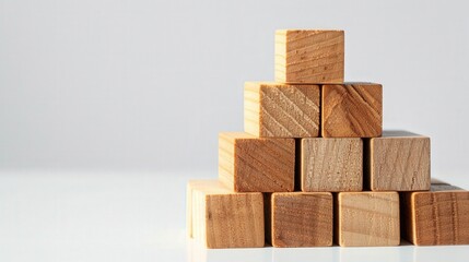 Fototapeta premium Pyramid of Wooden Blocks Symbolizing Business Hierarchy and Teamwork, featuring a structured arrangement on a clean white surface, representing collaboration and organization.