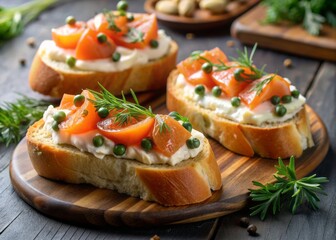 Delicate toasted baguette slices topped with creamy ricotta cheese, smoked salmon, fresh dill, and a sprinkle of capers, perfect for an elegant appetizer or party snack.