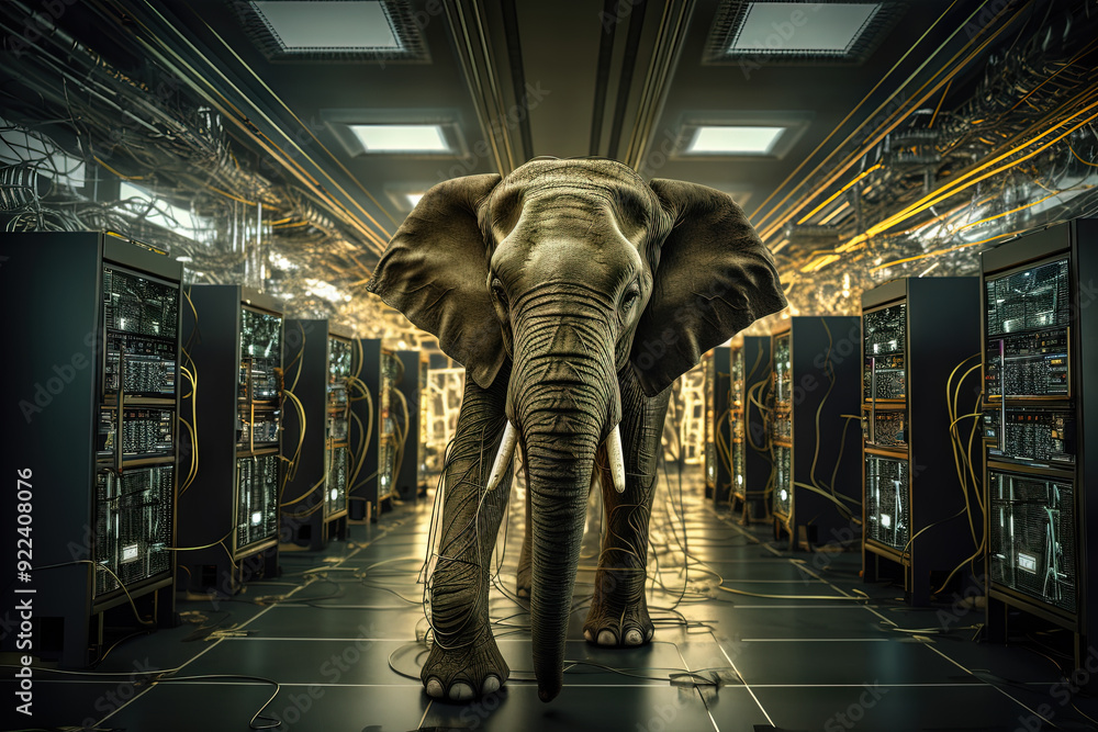 Aufkleber Elephant in the server room. Concept of the big data and digital fragility. Generated AI.