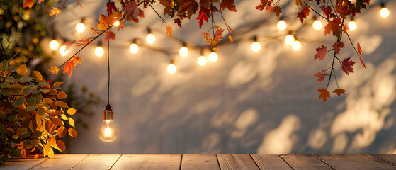 Fall background, podium, patio with wooden terrace decorated pumpkins, street garland, glowing...