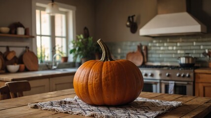 Pumpkin on wooden table, thanksgiving day concept, kitchen in background.