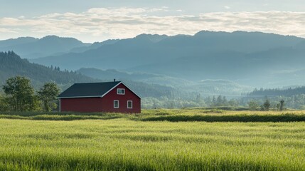 A red house stands in a lush green field, with the silhouette of mountains visible in the background, enhancing the scenic beauty.