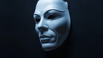 White theatrical mask with detailed features, half-lit against a black background.