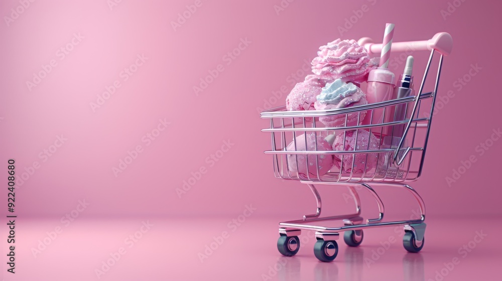 Poster a creative 3d illustration showcasing a virtual shopping cart overflowing with an array of popular c