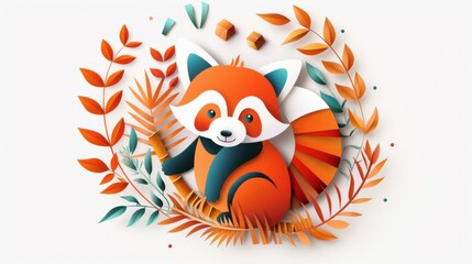 Fototapeta premium Charming red panda paper-cut window sticker with minimalist lines and a flat style, perfect for a festive Chinese New Year celebration