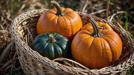 Pumpkins in a straw basket, thanksgiving and harvest concept.