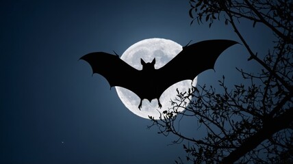 Fototapeta premium Flying bat silhouette, dark background with moon and branches, halloween concept.
