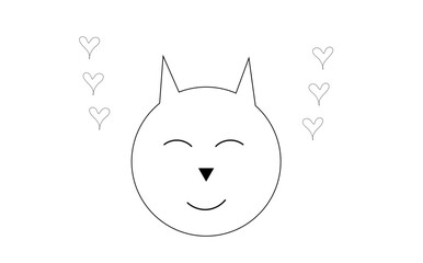 cat head black outline and hearts on transparent background