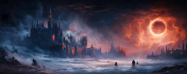 Abandoned castle, swirling mist, spectral figures, dark and ominous atmosphere, haunted night