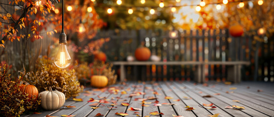 Fall background, garden, backyard, patio with wooden terrace decorated pumpkins, street garland,...