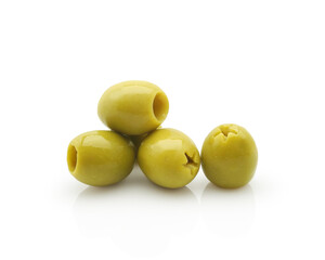 Natural green pitted olives isolated on white background close-up       