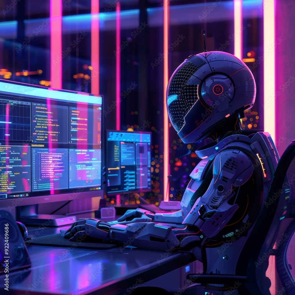 Poster a futuristic robot is sitting at the computer in front