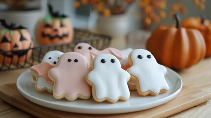 Assorted Halloween ghost cookies on plate with pumpkin decorations