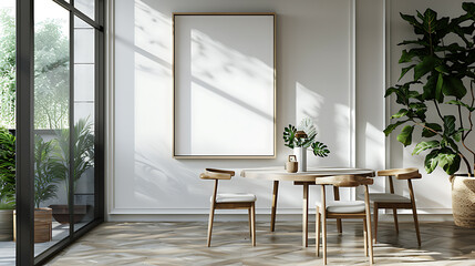 Fototapeta premium A modern dining room with a large blank canvas hanging on the wall, sunlight streaming through the windows illuminating the space.