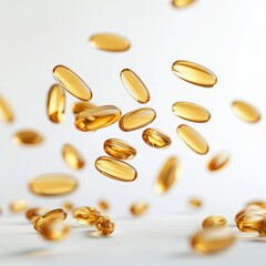 Close up of Omega 3 pill capsules falling on an isolated white background