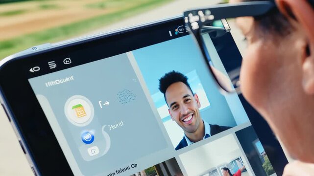 A man uses a tablet to make a video call with an on-screen interlocutor