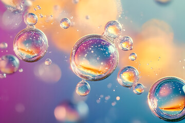 Transparent cosmetic gel fluid with molecule bubbles oil distribution. Bubble cluster, cells under a microscope. Macro Shot of Natural Organic Cosmetics