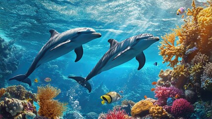 Fototapeta premium Dolphins gliding through the waters near a coral reef, with vibrant fish and sea plants contributing to the rich marine life.