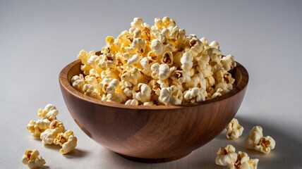 Wooden bowl with popcorn, white background.