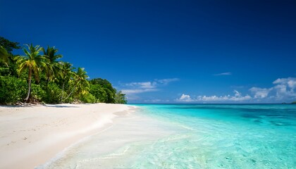 Turquoise waters lap at pristine white sand, swaying palms frame idyllic tropical paradise