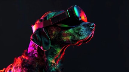 Obraz premium A dog wearing a virtual reality headset, illuminated by vibrant neon lights, creating a futuristic and high-tech atmosphere.