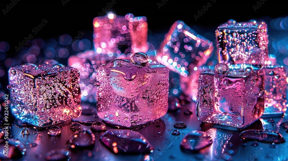 Wall mural a cluster of ice cubes resting atop a multi-colored table, surrounded by water droplets