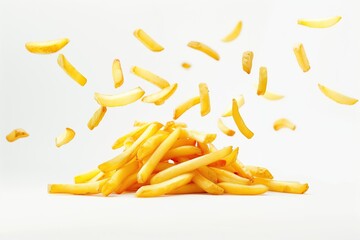 Golden french fries cascading in mid-air over a pile, emphasizing motion and crispiness against a clean, minimalist background