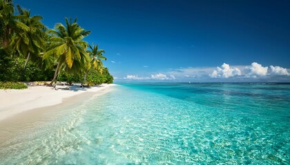 Turquoise lagoon, white sand, swaying palms, and endless blue sky create idyllic tropical paradise