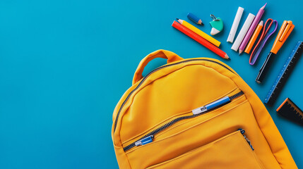 "Bright yellow backpack filled with essential school supplies, arranged on a blue background in a flat lay top view, symbolizing the excitement of back to school and the preparation for the new academ