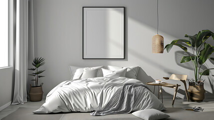 A minimalist bedroom with a large bed, a large potted plant, and a framed piece of art. The room is bathed in soft sunlight.