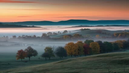 Fototapeta premium Enchanting Foggy Morning Over Autumn Hills
