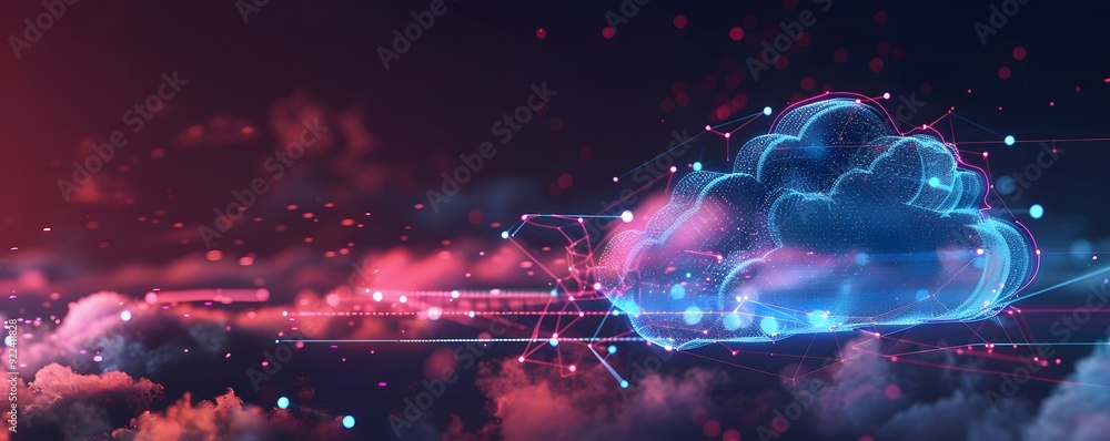 Poster Digital Cloud with Connected Lines and Points in a Dark Background