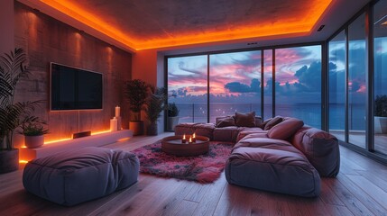 A stylish basement hideout accentuated by ambient LED strips, complete with a chic sofa and a wall-mounted TV for watching